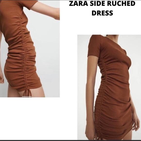 ZARA Ruched Short Ribbed Tee Shirt Side Tie Bodycon Mini Dress Rust Brown L - Picture 16 of 16